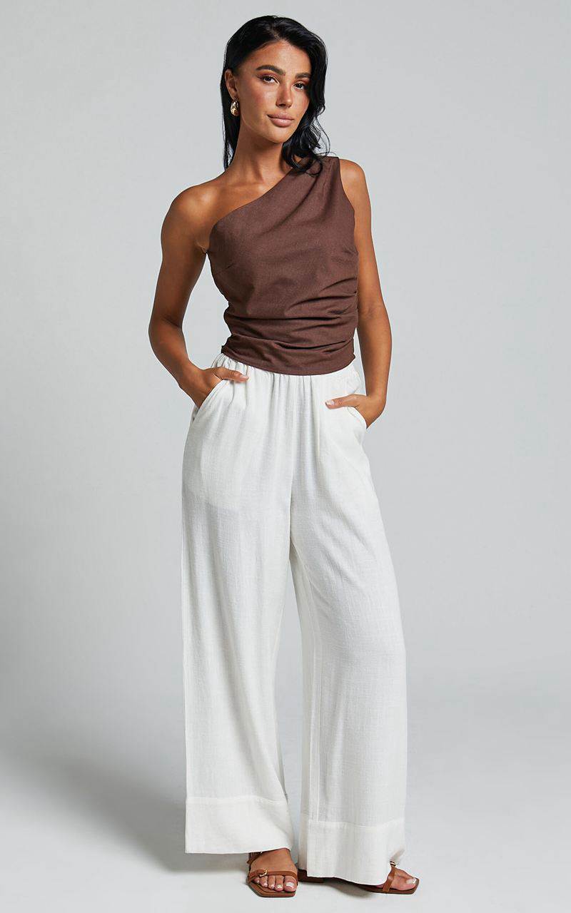 Showpo Bailey Top - Linen Look One Shoulder Pleated Bodice Top Chocolate | SHEZLK749