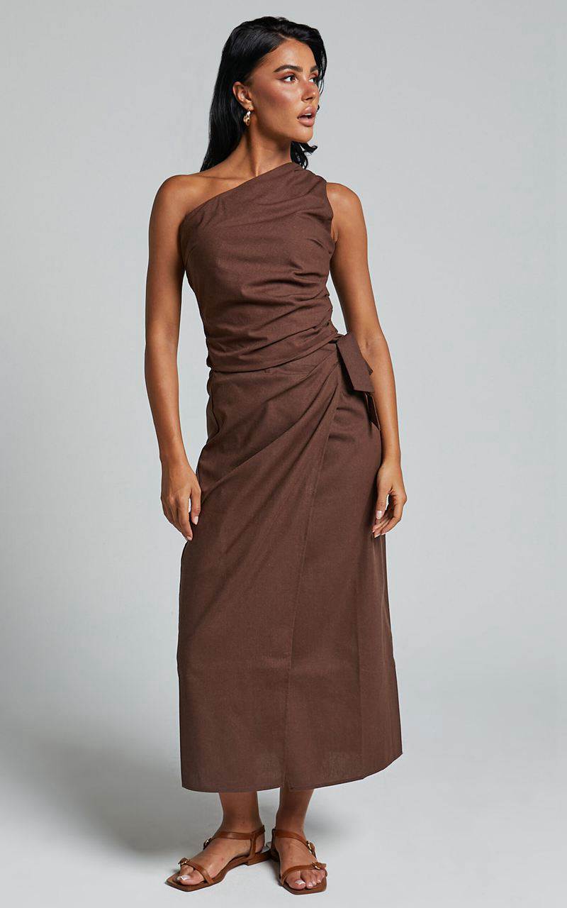 Showpo Bailey Top - Linen Look One Shoulder Pleated Bodice Top Chocolate | SHEZLK749