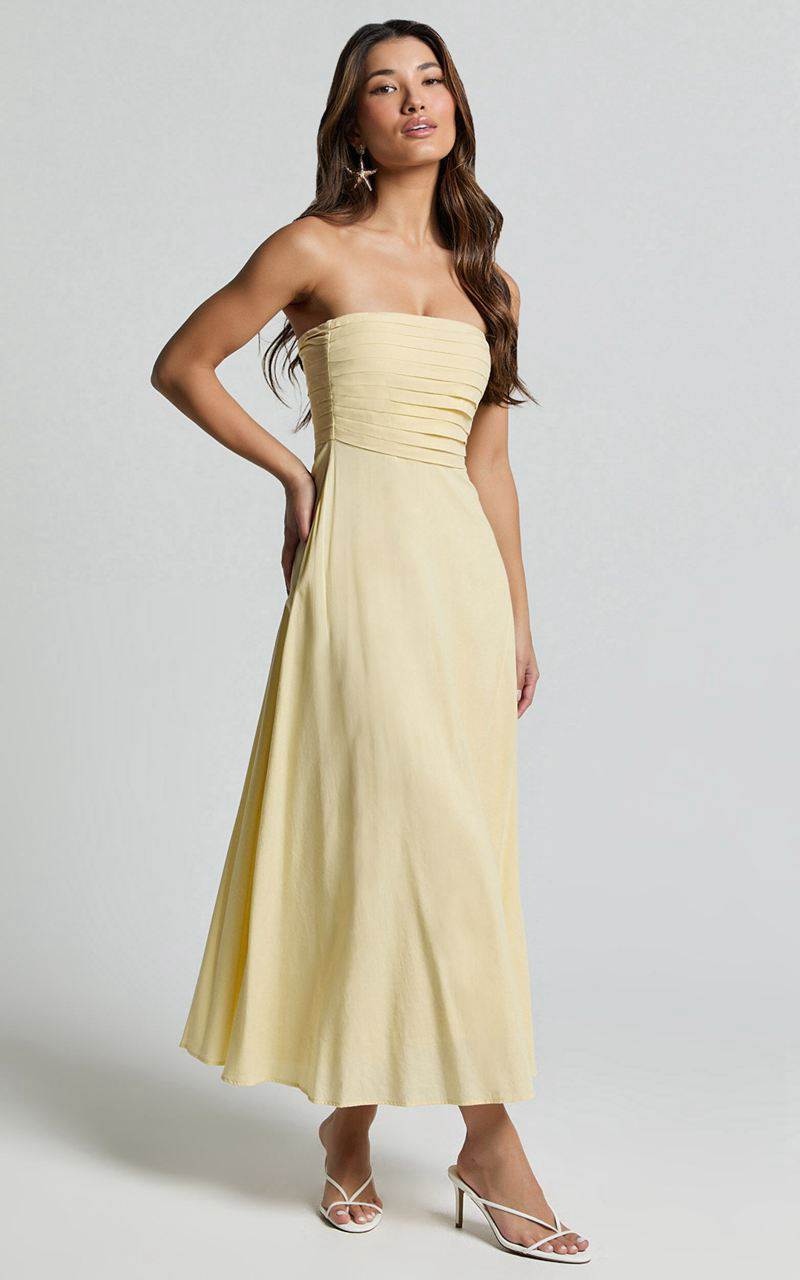 Showpo Barbra Midi Dress - Strapless Ruched Bodice Dress Lemon | AYWZPL624