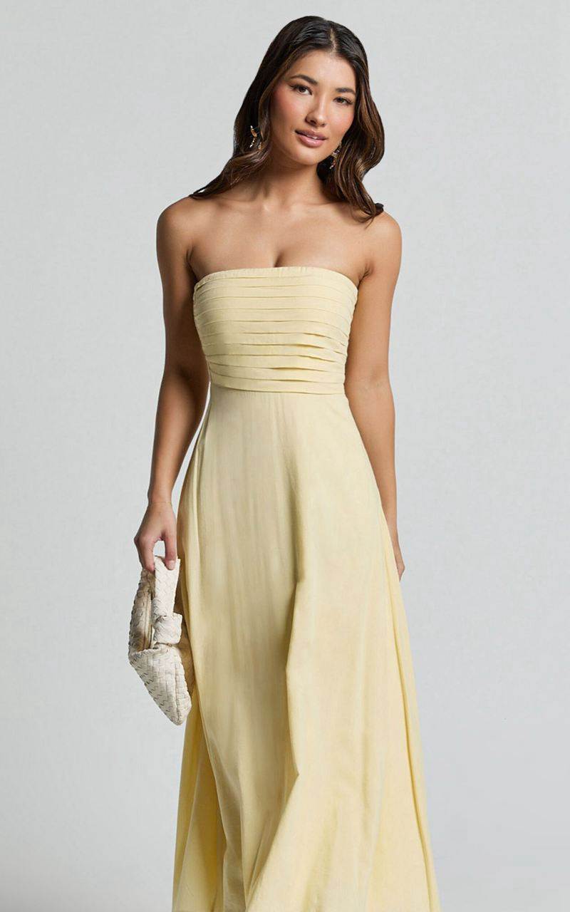 Showpo Barbra Midi Dress - Strapless Ruched Bodice Dress Lemon | AYWZPL624