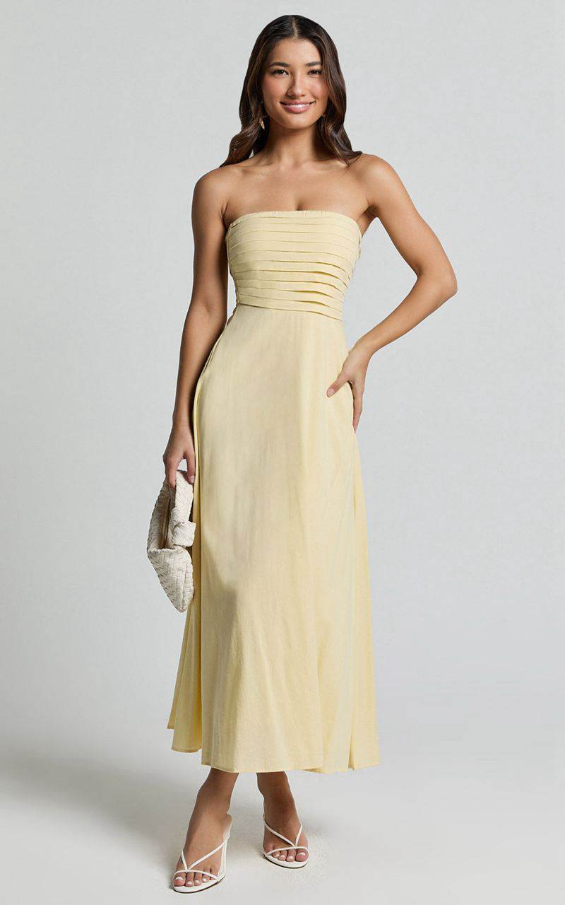 Showpo Barbra Midi Dress - Strapless Ruched Bodice Dress Lemon | AYWZPL624