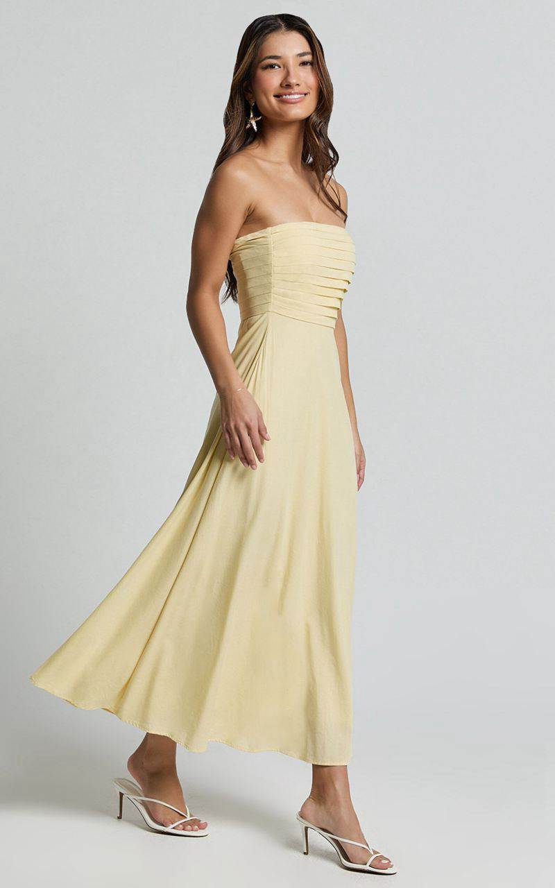 Showpo Barbra Midi Dress - Strapless Ruched Bodice Dress Lemon | AYWZPL624