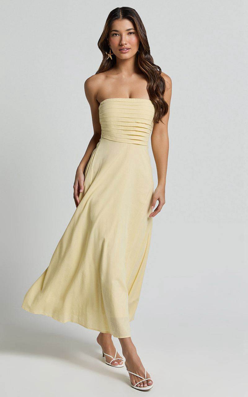 Showpo Barbra Midi Dress - Strapless Ruched Bodice Dress Lemon | AYWZPL624