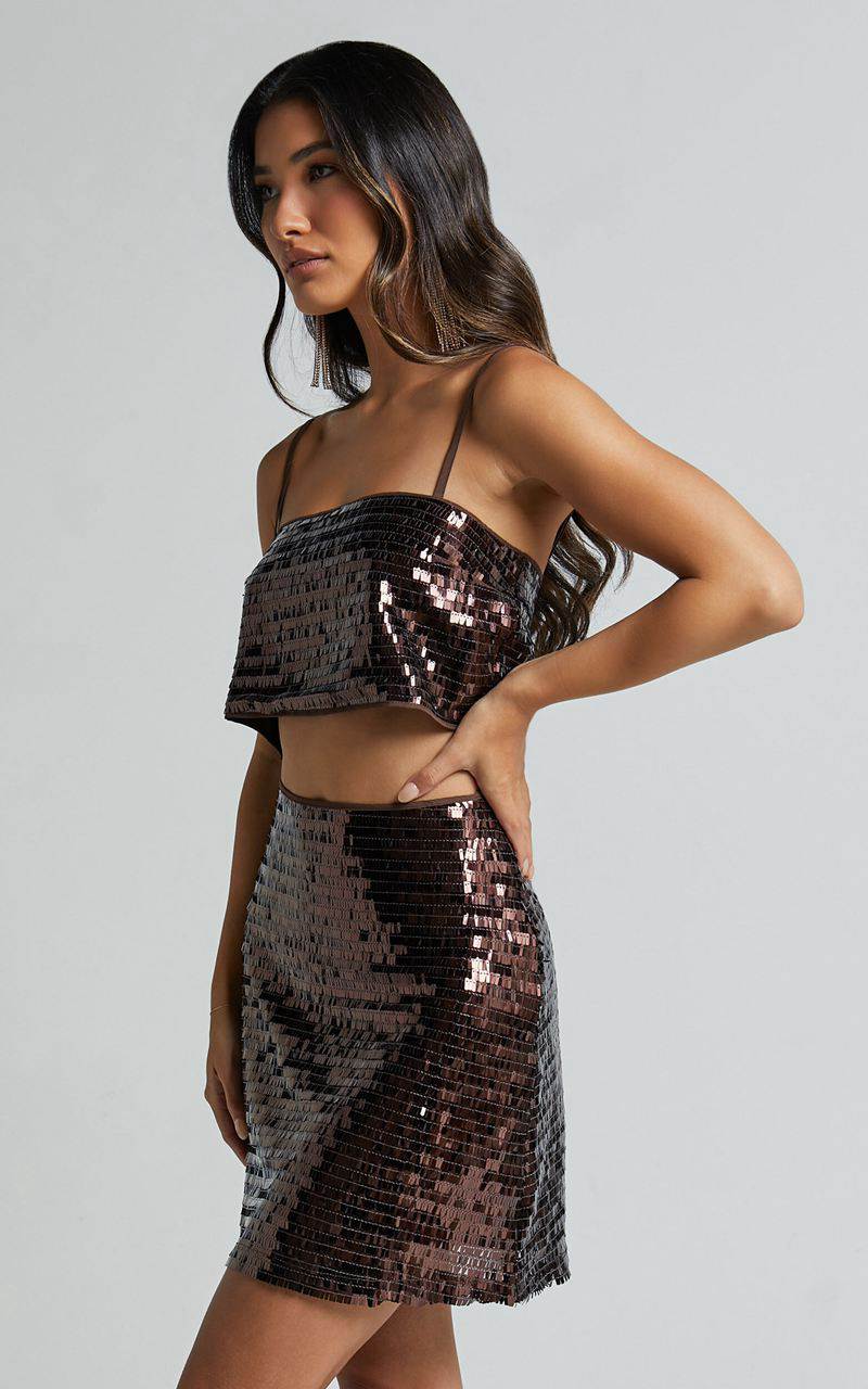 Showpo Barlyn Crop Top - Square Neck Crop Flat Sequin Top Chocolate | RTMBWF807