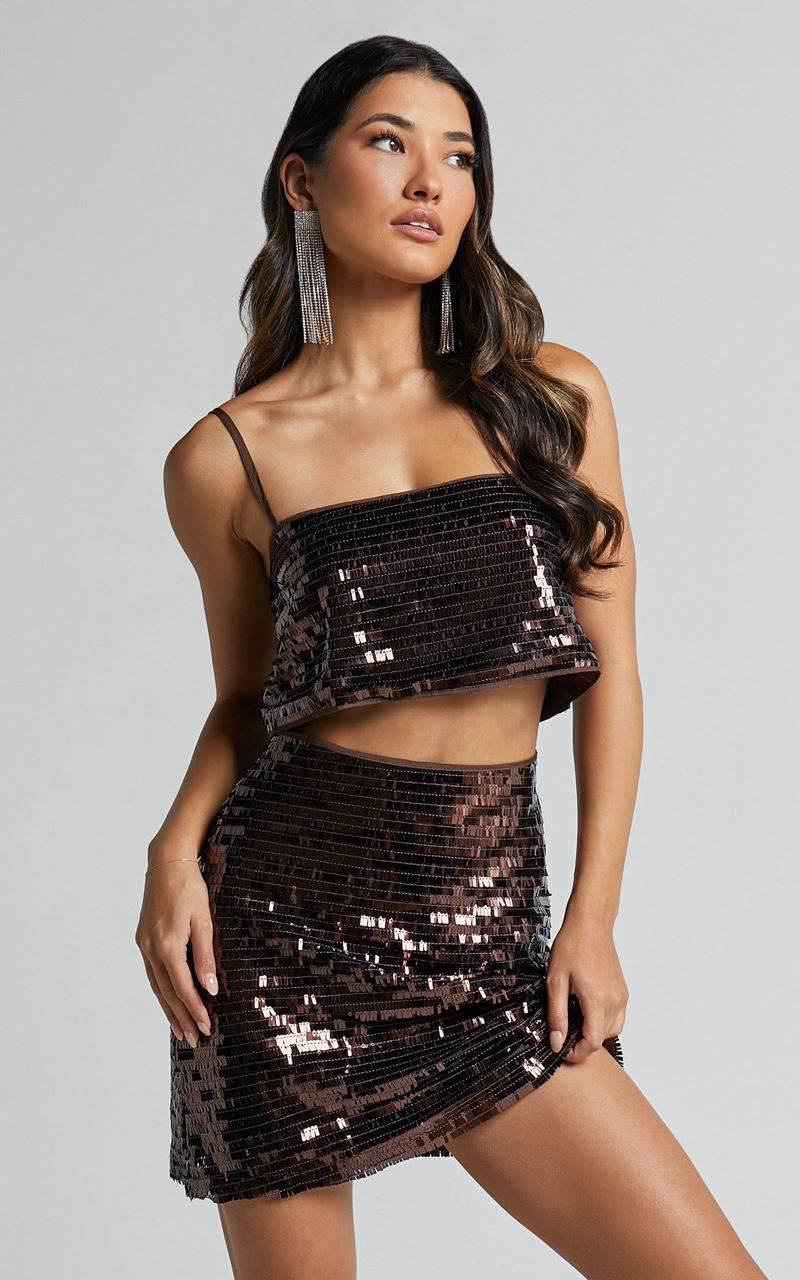 Showpo Barlyn Crop Top - Square Neck Crop Flat Sequin Top Chocolate | RTMBWF807