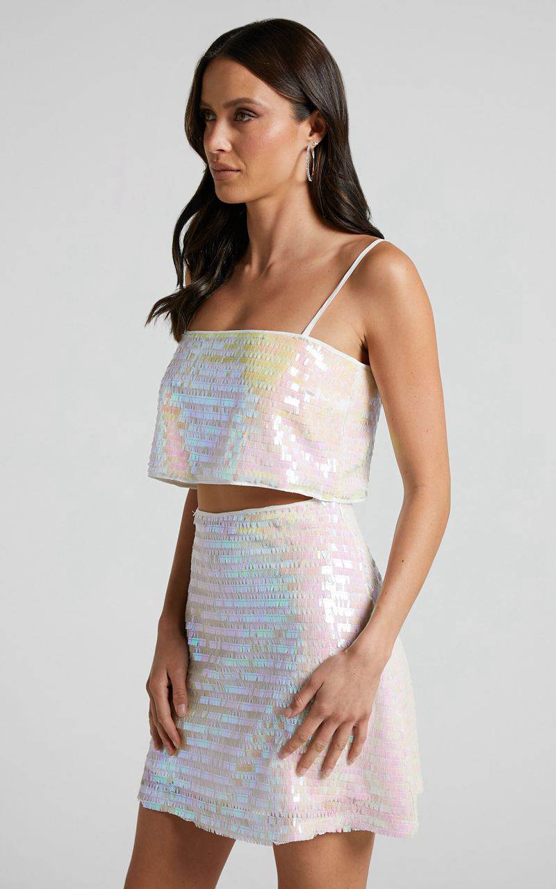 Showpo Barlyn Crop Top - Square Neck Crop Flat Sequin Top Pearl | QXAZLP192