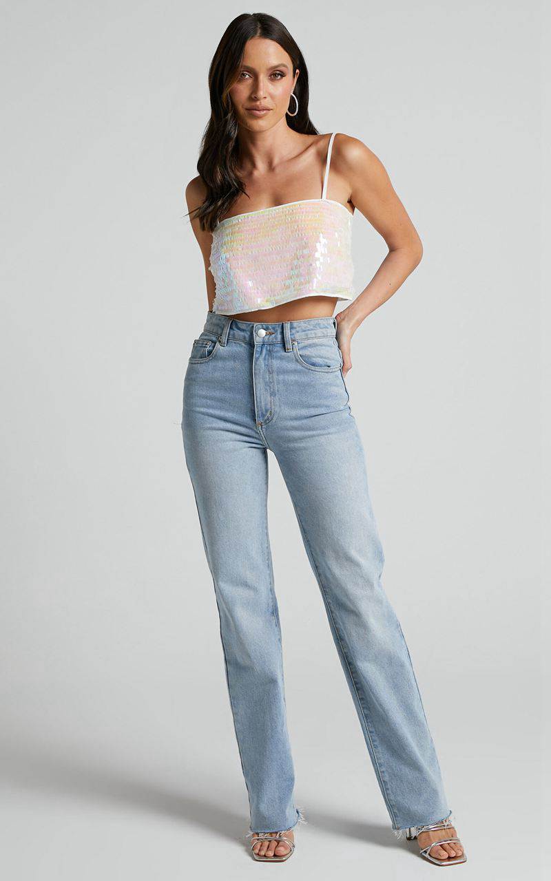 Showpo Barlyn Crop Top - Square Neck Crop Flat Sequin Top Pearl | QXAZLP192