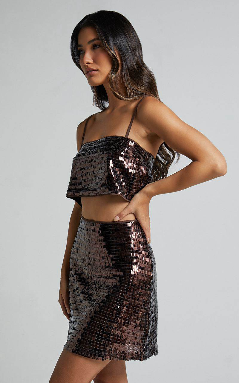 Showpo Barlyn Mini Skirt - High Waisted Aline Flat Sequin Skirt Chocolate | CQBNVH195