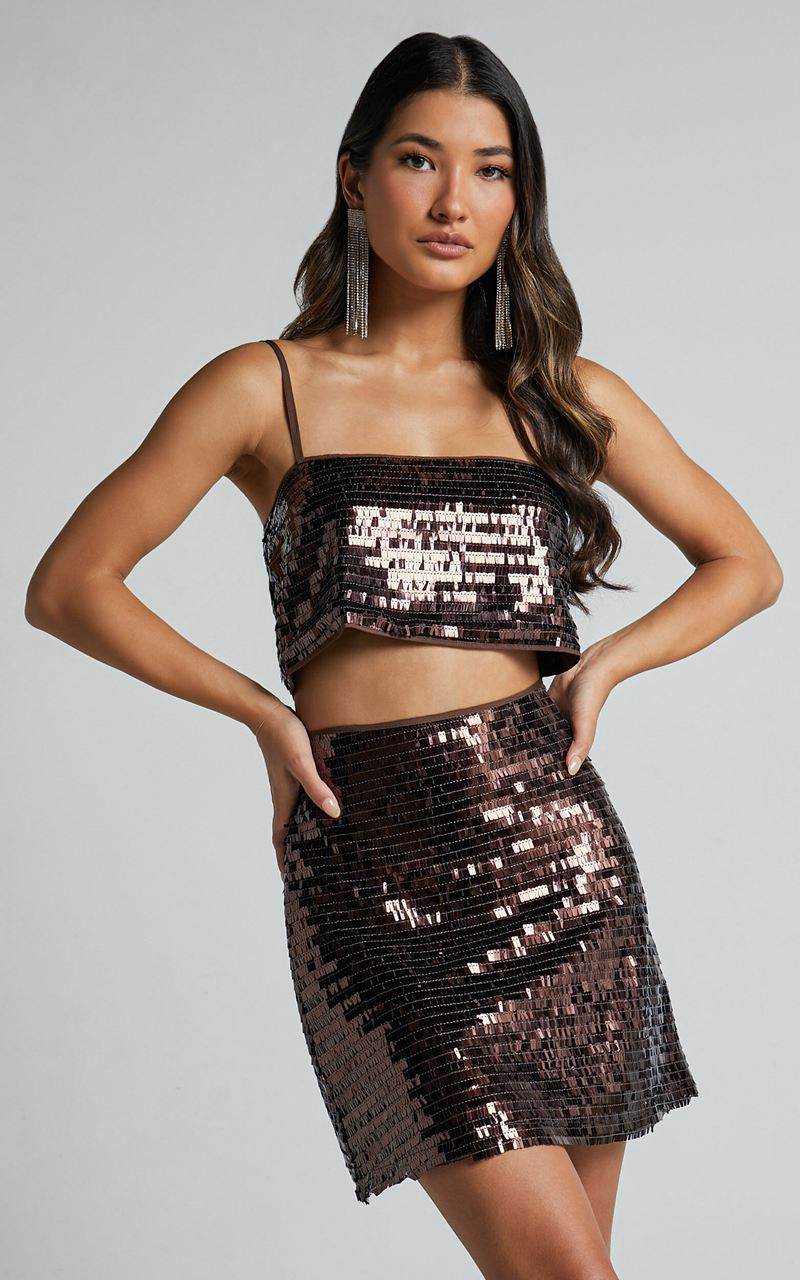 Showpo Barlyn Mini Skirt - High Waisted Aline Flat Sequin Skirt Chocolate | CQBNVH195