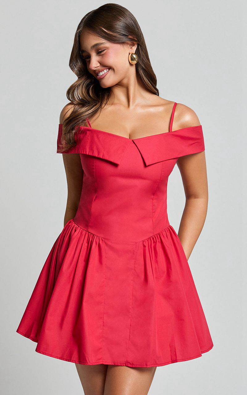 Showpo Bea Mini Dress - Off The Shoulder Fit And Flare Dress Red | JOIZCE239