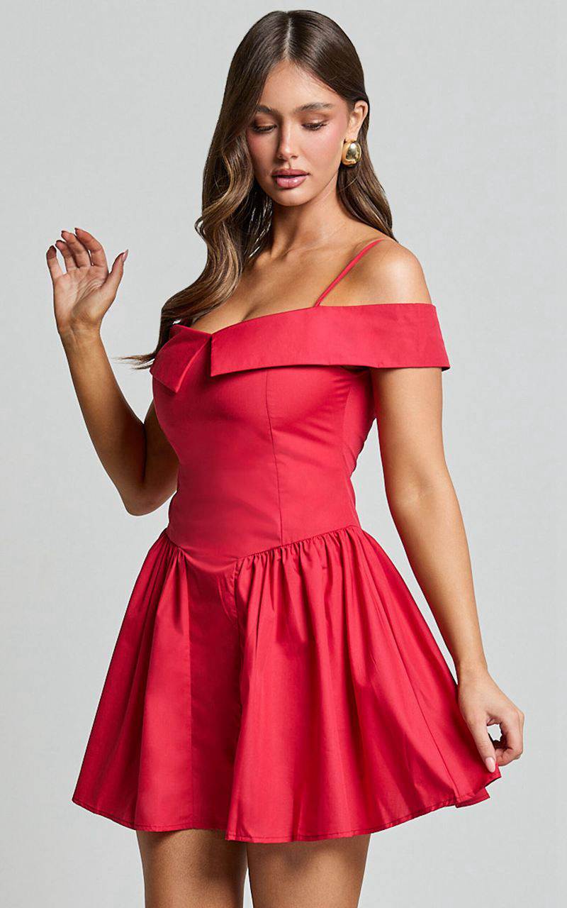 Showpo Bea Mini Dress - Off The Shoulder Fit And Flare Dress Red | JOIZCE239