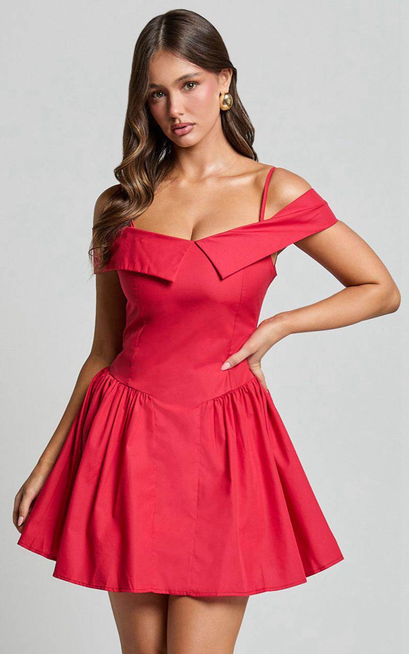 Showpo Bea Mini Dress - Off The Shoulder Fit And Flare Dress Red | JOIZCE239