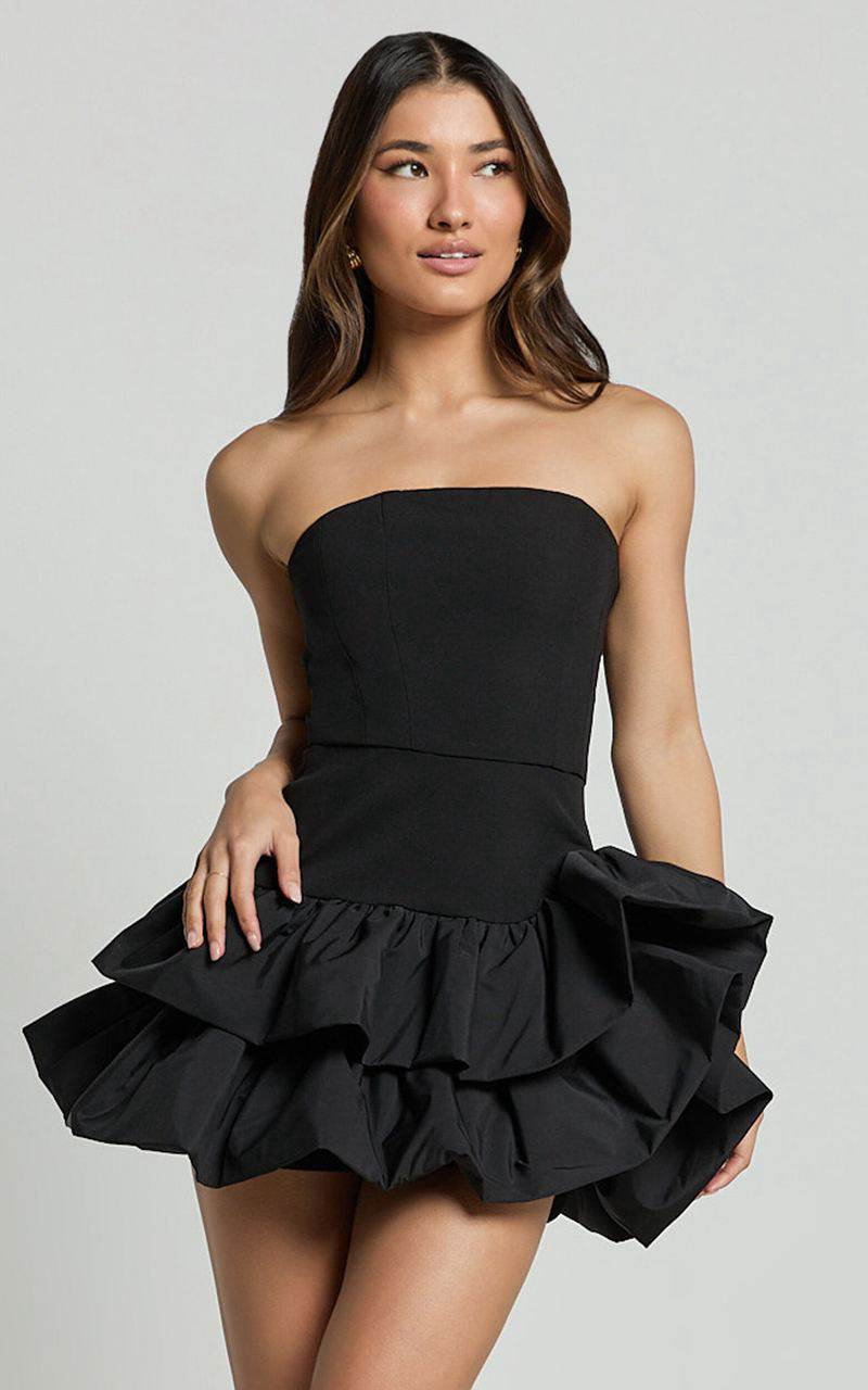 Showpo Beatrice Mini Dress - Contrast Strapless Ruffle Tiered Dress Black | WKUGYO815