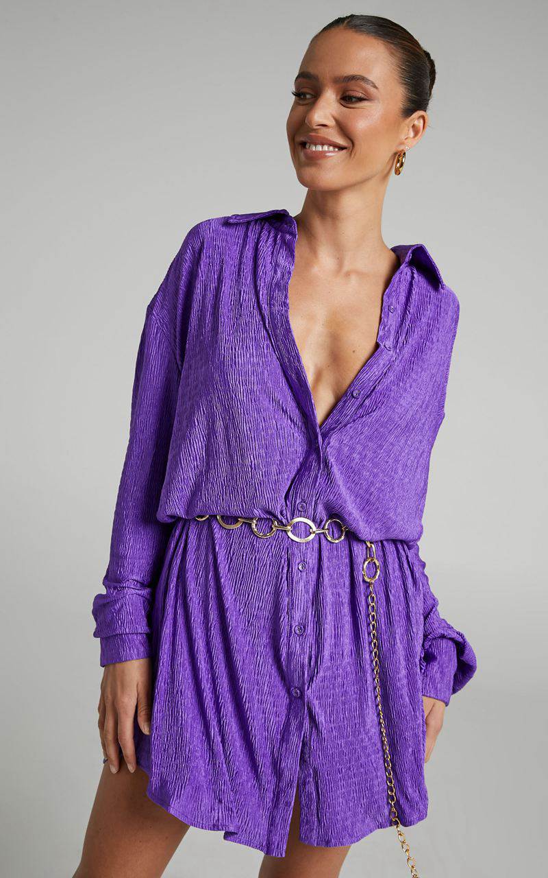 Showpo Beca Mini Dress - Crinkle Button Up Shirt Dress Purple | USITJC236