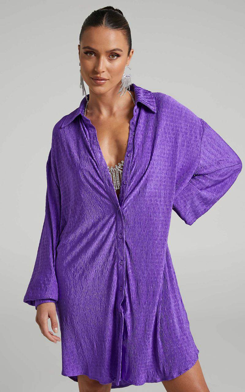 Showpo Beca Mini Dress - Crinkle Button Up Shirt Dress Purple | USITJC236