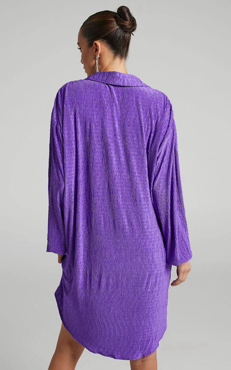 Showpo Beca Mini Dress - Crinkle Button Up Shirt Dress Purple | USITJC236