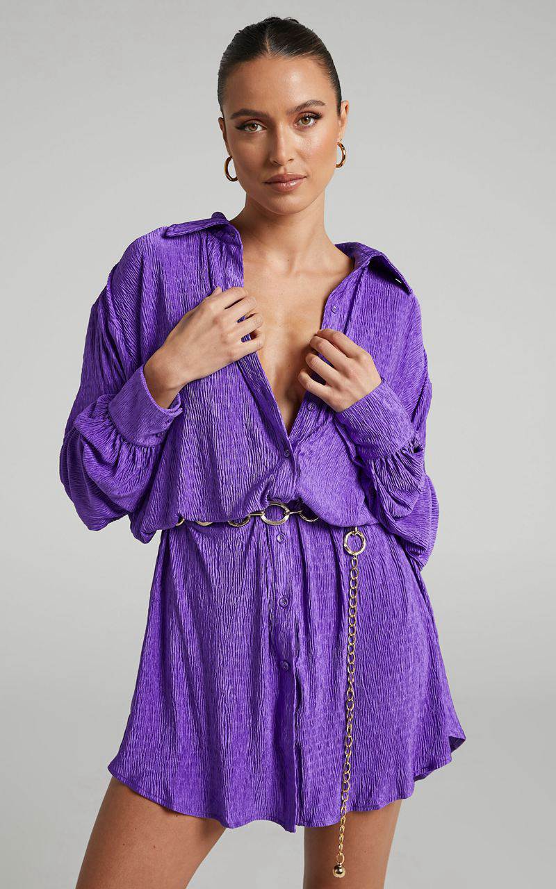 Showpo Beca Mini Dress - Crinkle Button Up Shirt Dress Purple | USITJC236