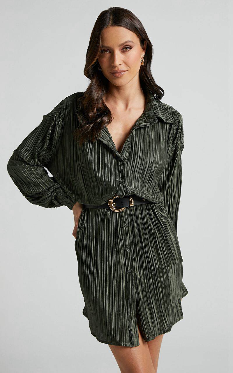 Showpo Beca Mini Dress - Crinkle Button Up Shirt Dress Olive | EMUSXK412