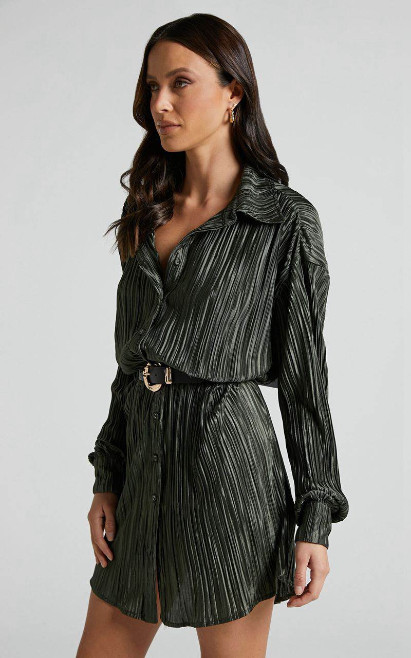 Showpo Beca Mini Dress - Crinkle Button Up Shirt Dress Olive | EMUSXK412