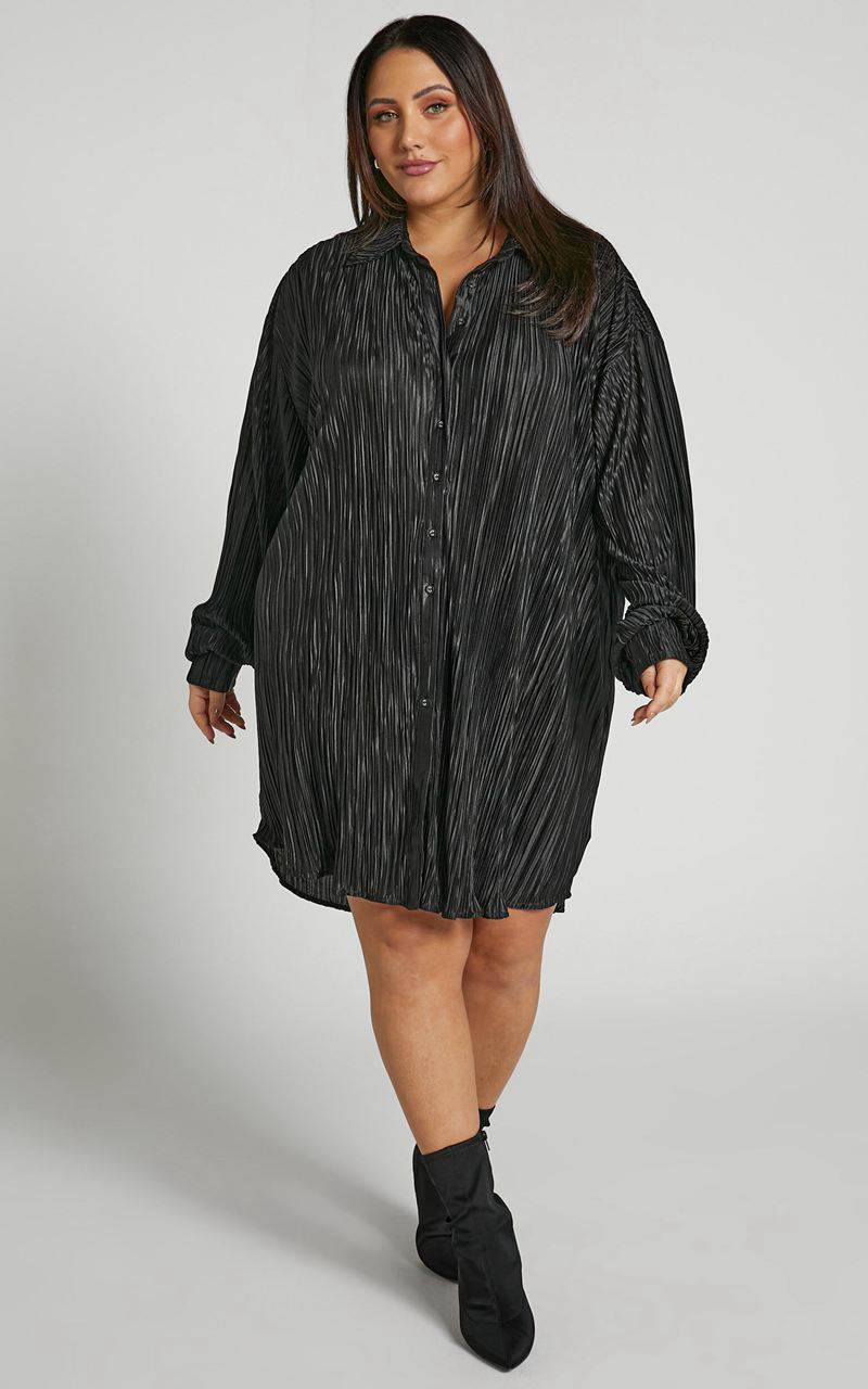 Showpo Beca Mini Dress - Crinkle Button Up Shirt Dress Black | GZMKJW302