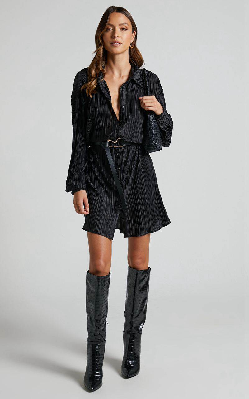 Showpo Beca Mini Dress - Crinkle Button Up Shirt Dress Black | GZMKJW302