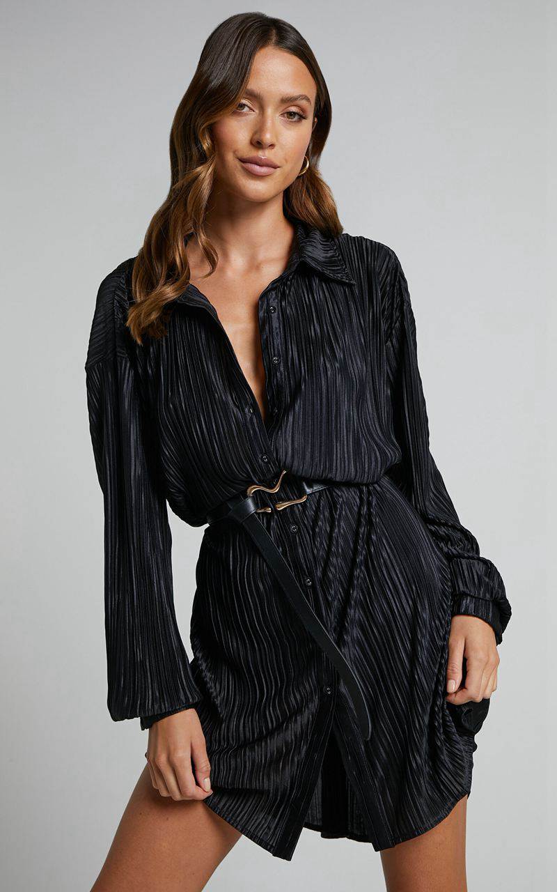 Showpo Beca Mini Dress - Crinkle Button Up Shirt Dress Black | GZMKJW302