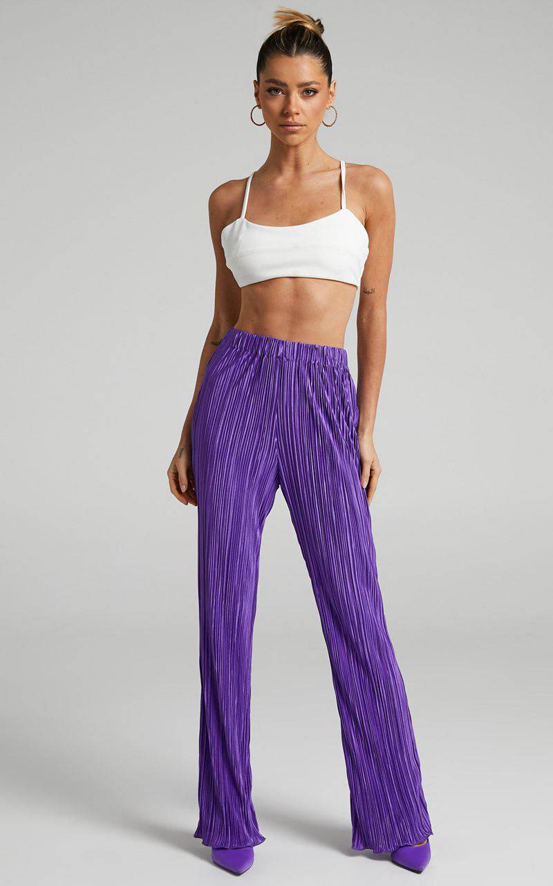 Showpo Beca Pants - High Waisted Plisse Flared Pants Purple | YAQXEK604