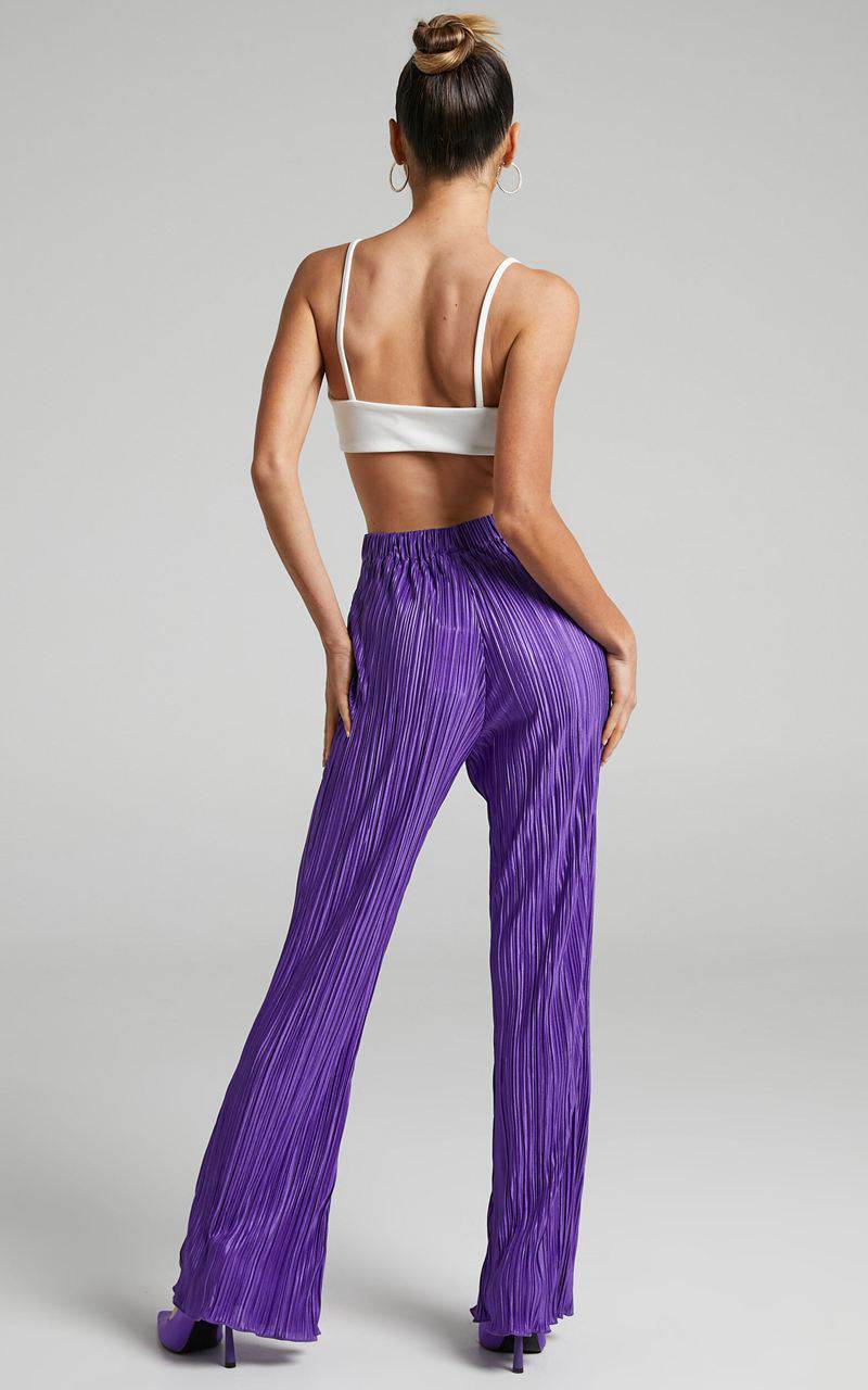 Showpo Beca Pants - High Waisted Plisse Flared Pants Purple | YAQXEK604