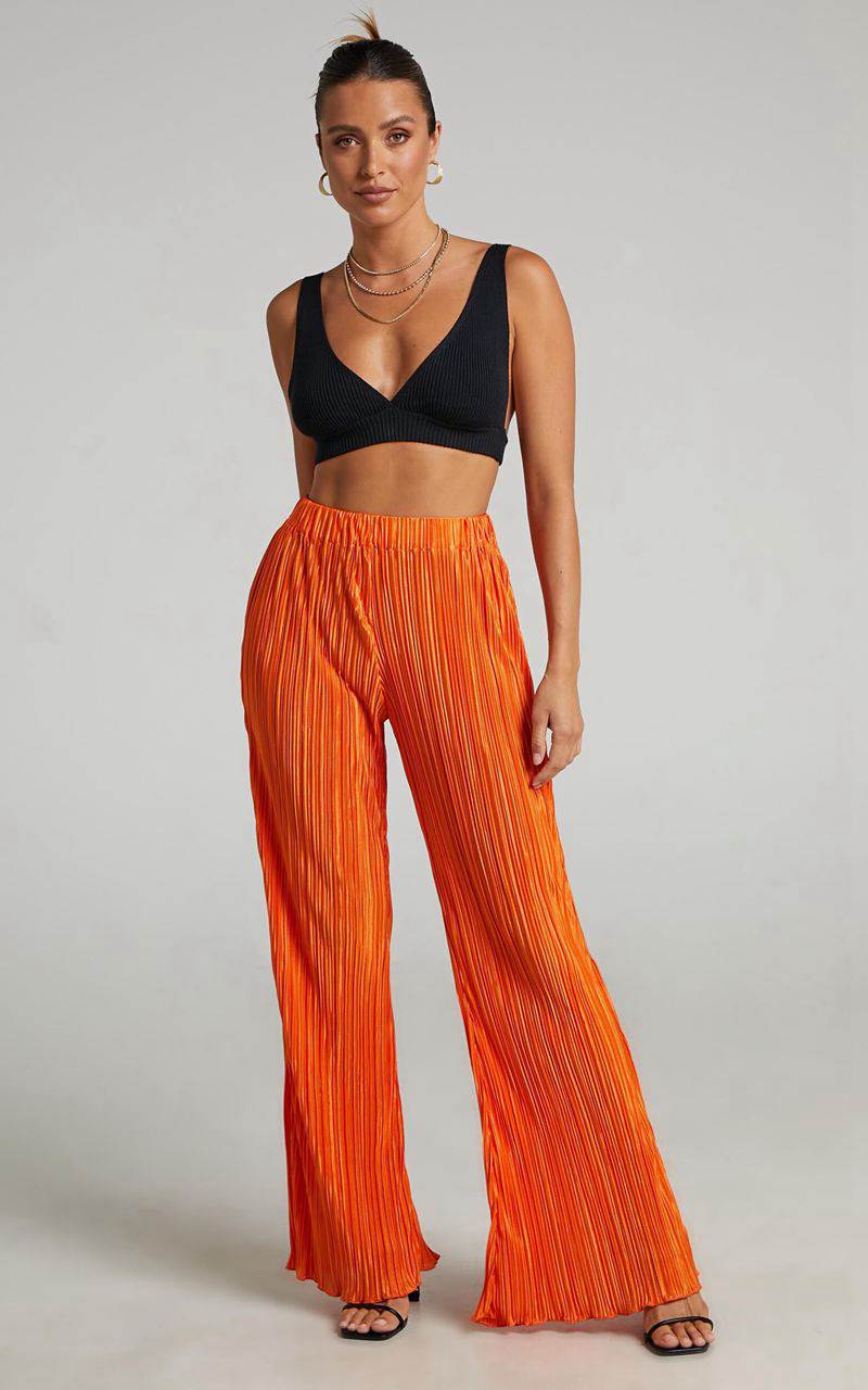 Showpo Beca Pants - High Waisted Plisse Flared Pants Bright Orange | DYLAHV952