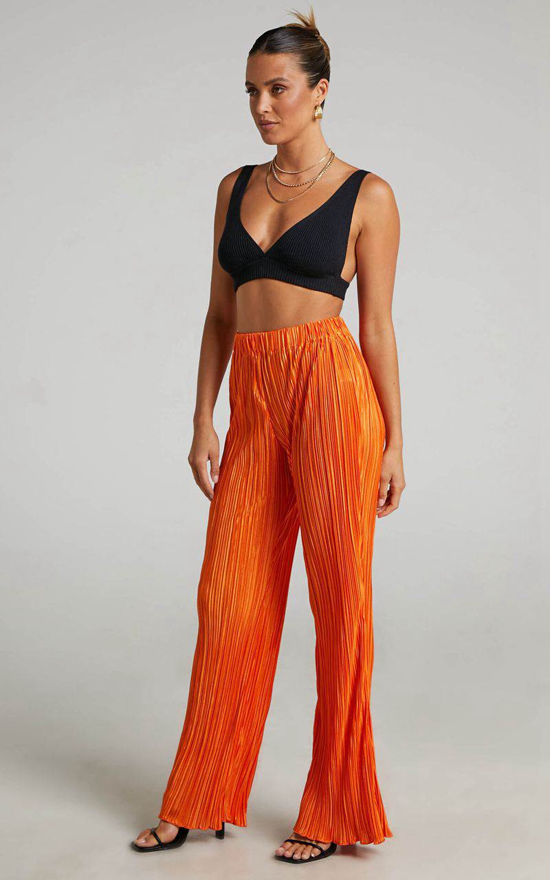 Showpo Beca Pants - High Waisted Plisse Flared Pants Bright Orange | DYLAHV952