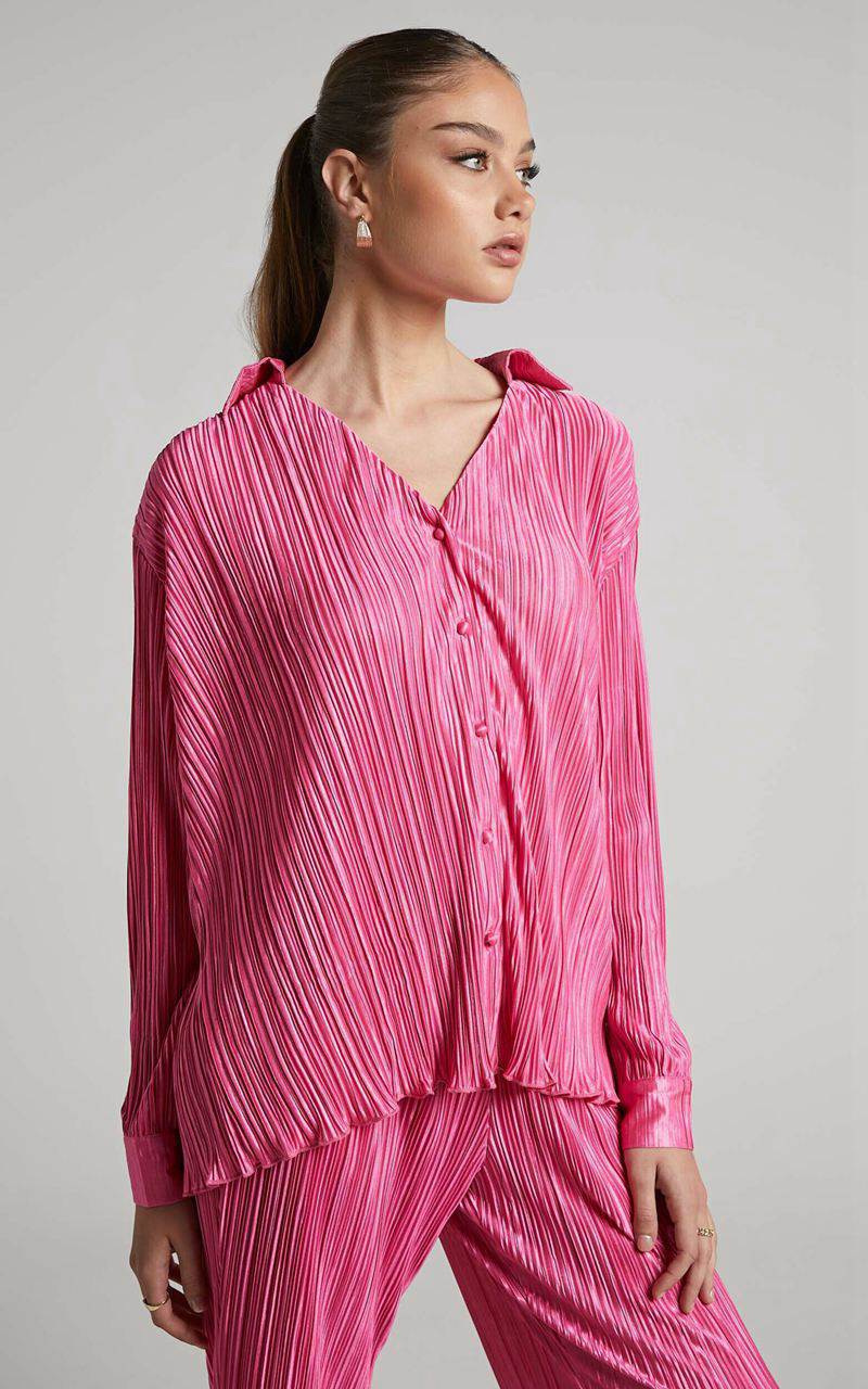 Showpo Beca Shirt - Plisse Button Up Shirt Pink | OCMLEG073