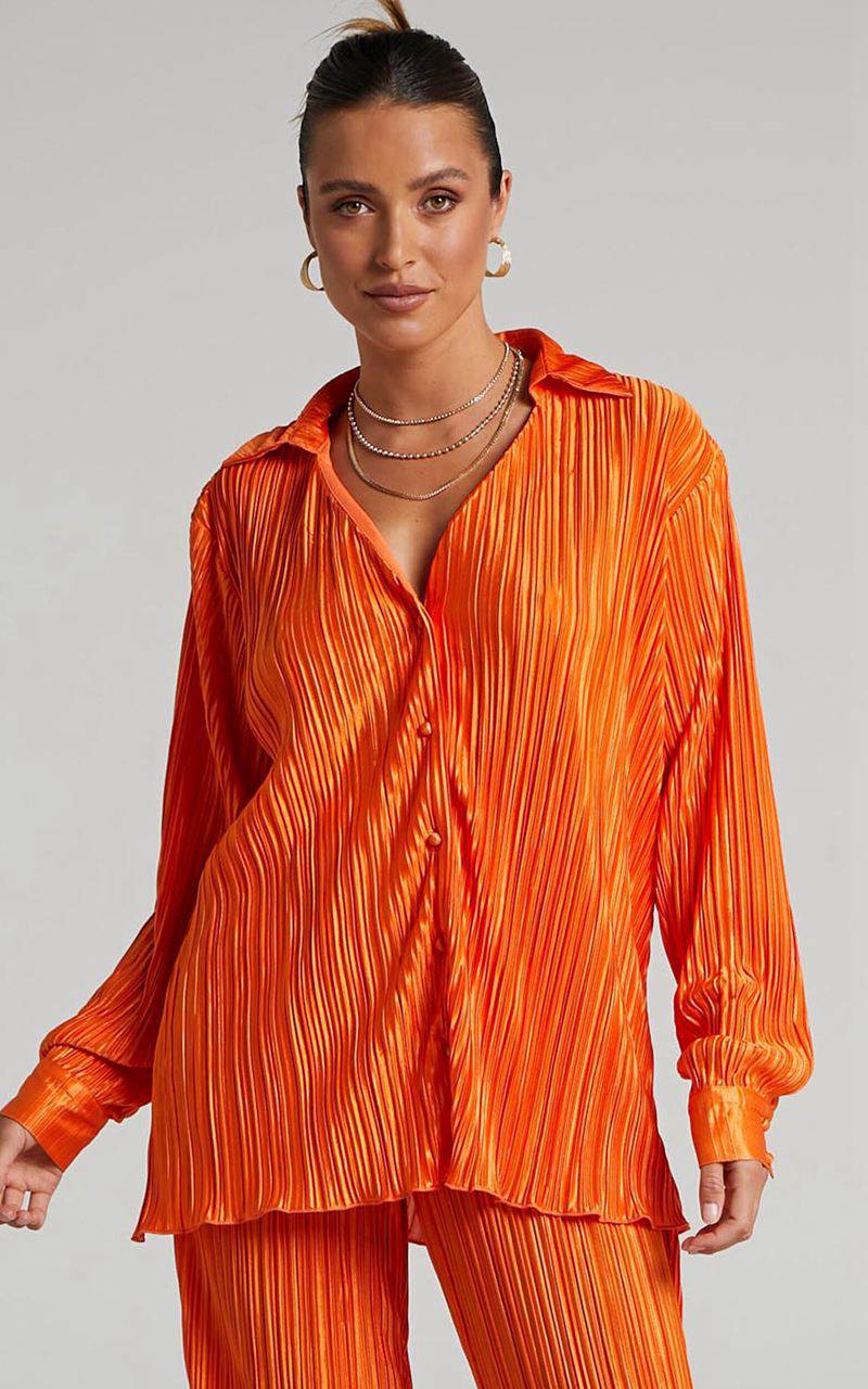 Showpo Beca Shirt - Plisse Button Up Shirt Bright Orange | QOIFXH293