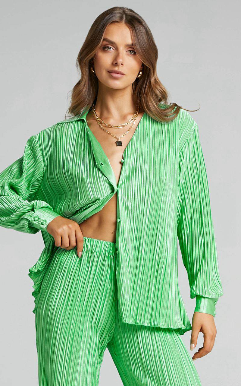 Showpo Beca Shirt - Plisse Button Up Shirt Bright Green | ALCMTJ259