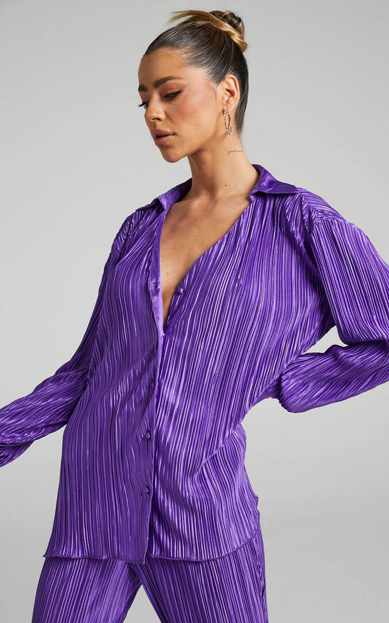 Showpo Beca Shirt - Plisse Button Up Shirt Purple | ZPRDKT218