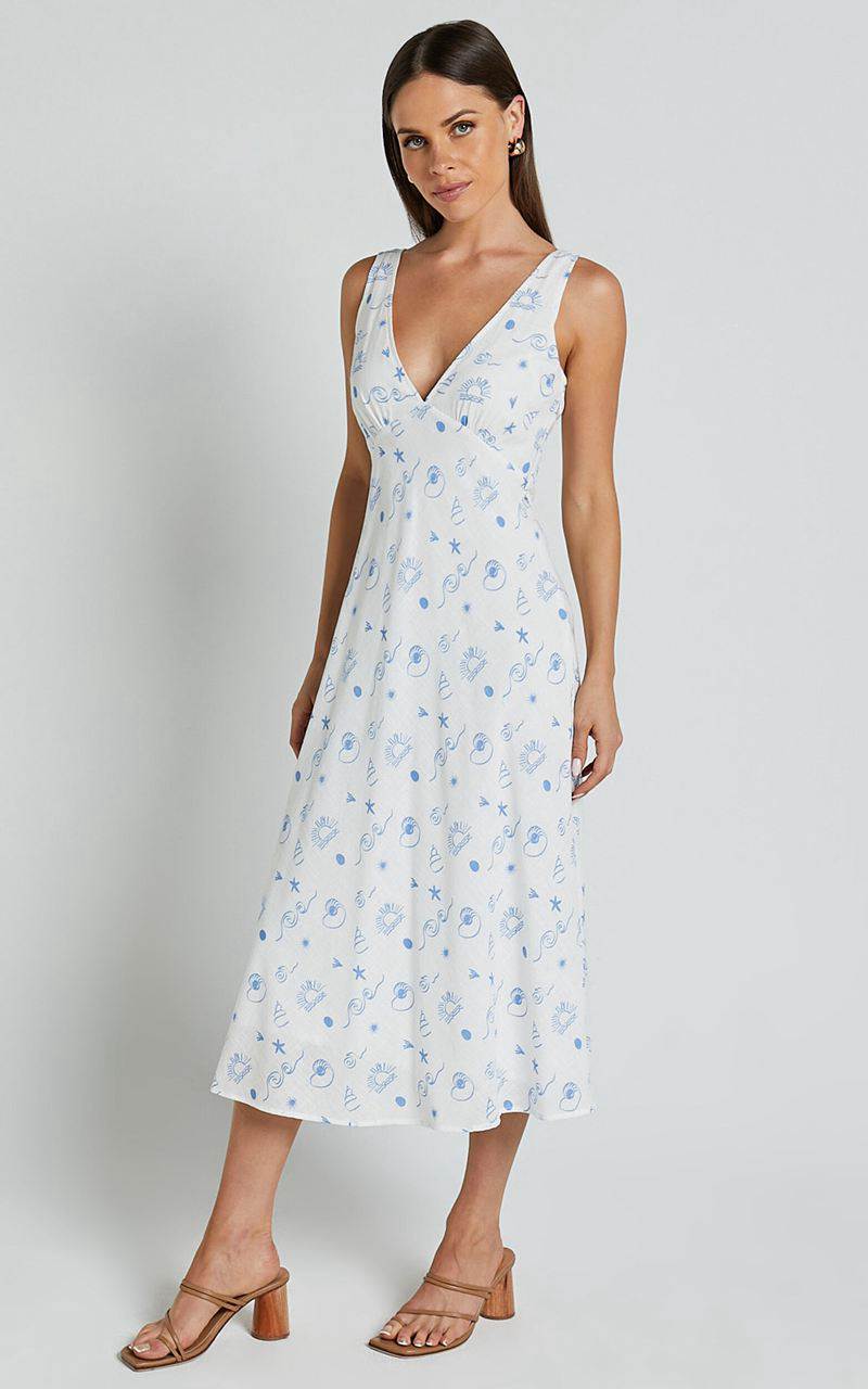 Showpo Becca Midi Dress - Ruched Bust Sleeveless V Neck Dress Blue Print | VWKMJL264