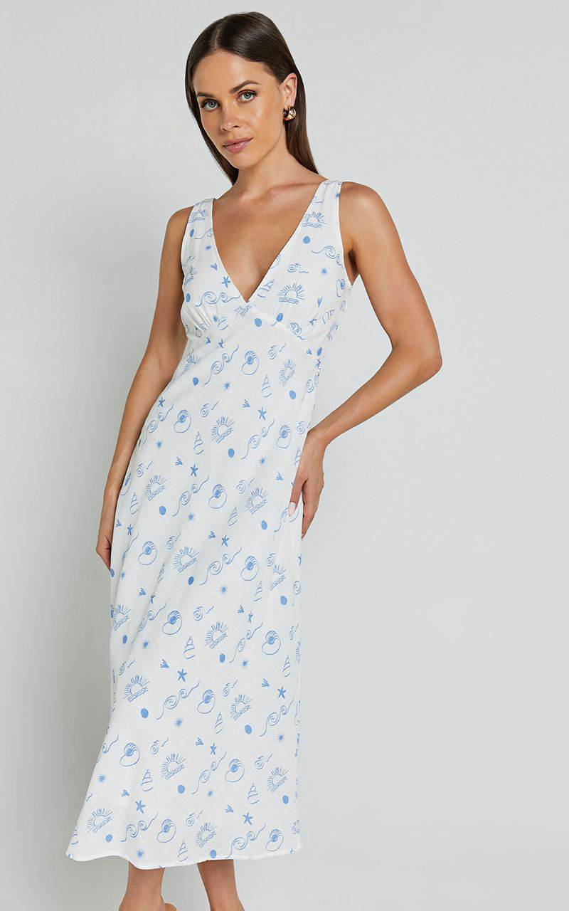 Showpo Becca Midi Dress - Ruched Bust Sleeveless V Neck Dress Blue Print | VWKMJL264