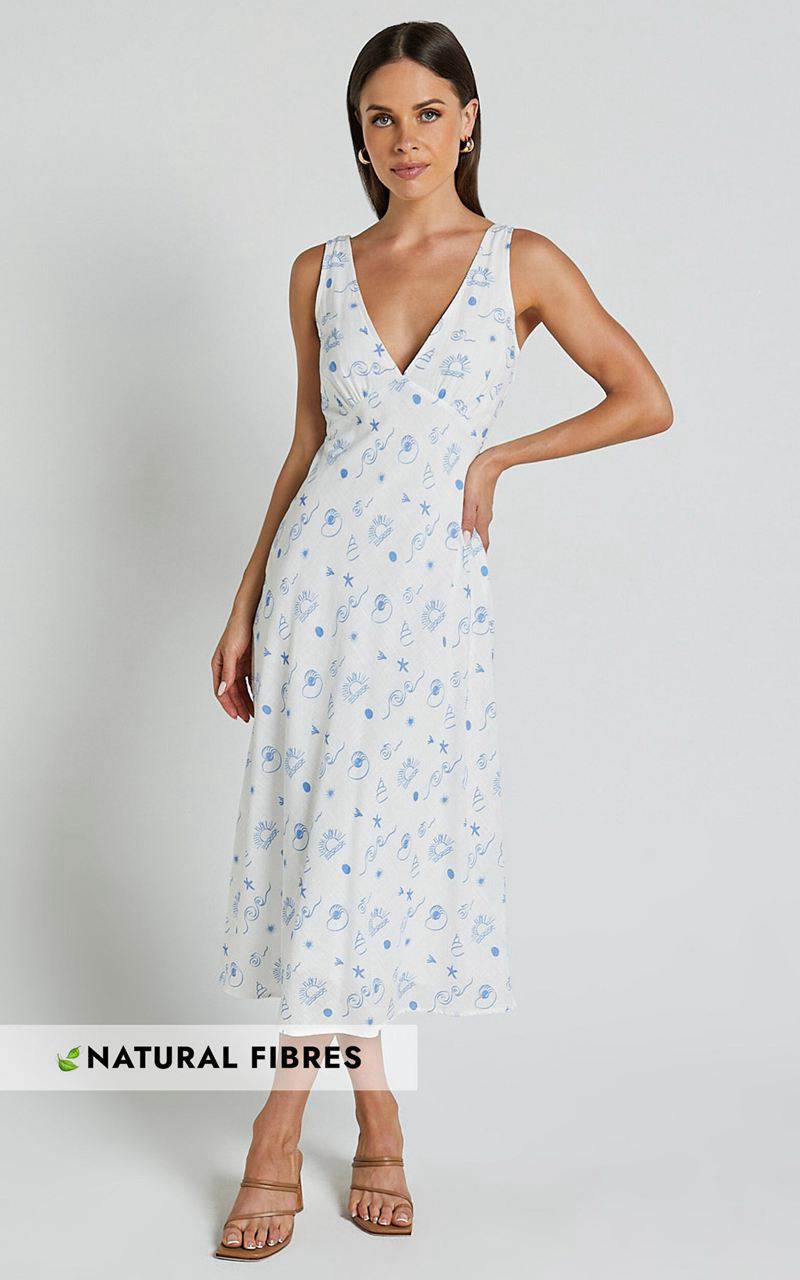 Showpo Becca Midi Dress - Ruched Bust Sleeveless V Neck Dress Blue Print | VWKMJL264