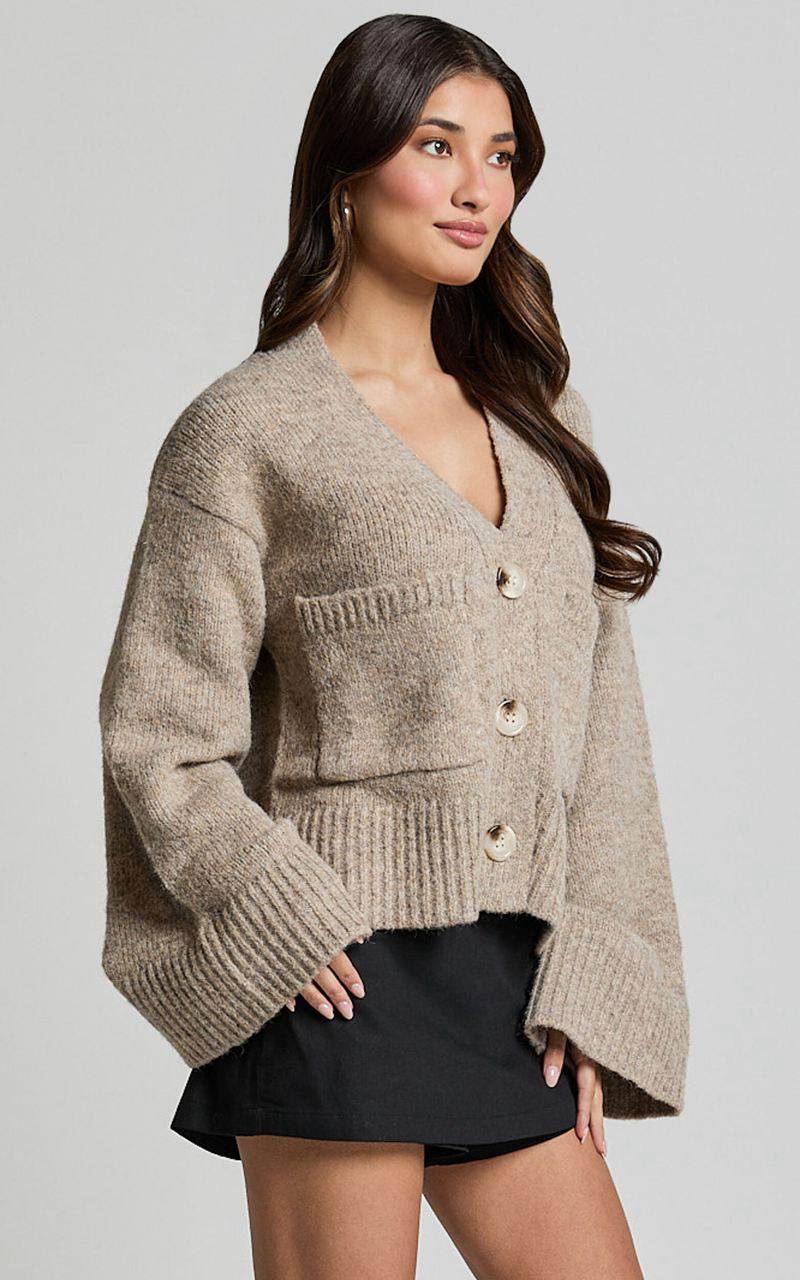 Showpo Becka Cardigan - Oversized Recycled Knitted Button Through Cardigan Biscuit | IQRPAD567