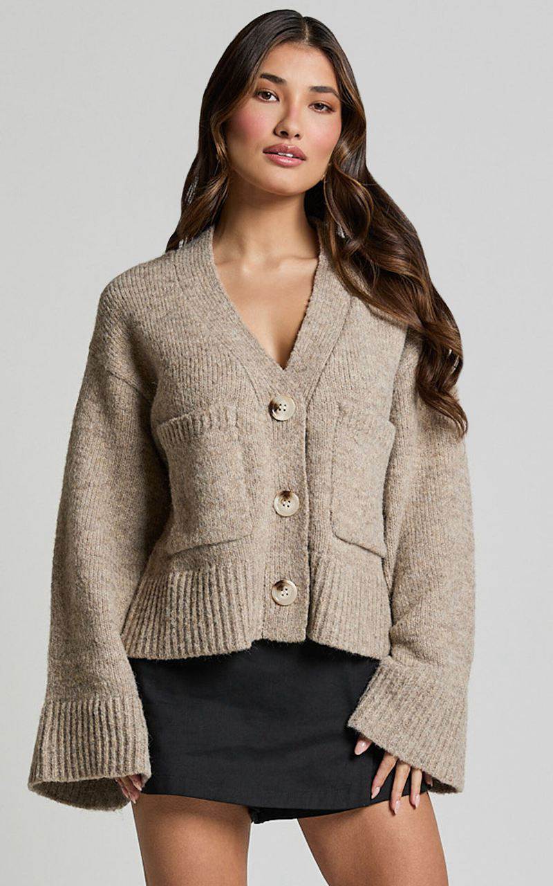 Showpo Becka Cardigan - Oversized Recycled Knitted Button Through Cardigan Biscuit | IQRPAD567