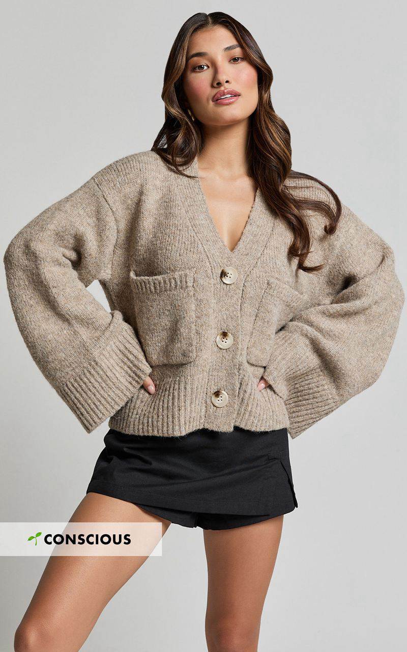 Showpo Becka Cardigan - Oversized Recycled Knitted Button Through Cardigan Biscuit | IQRPAD567