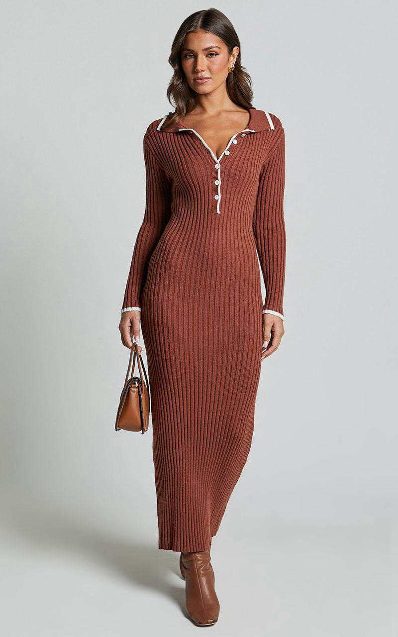 Showpo Becky Midi Dress - Button Front Contrast Knit Midi Dress Chocolate | JTNIUD693