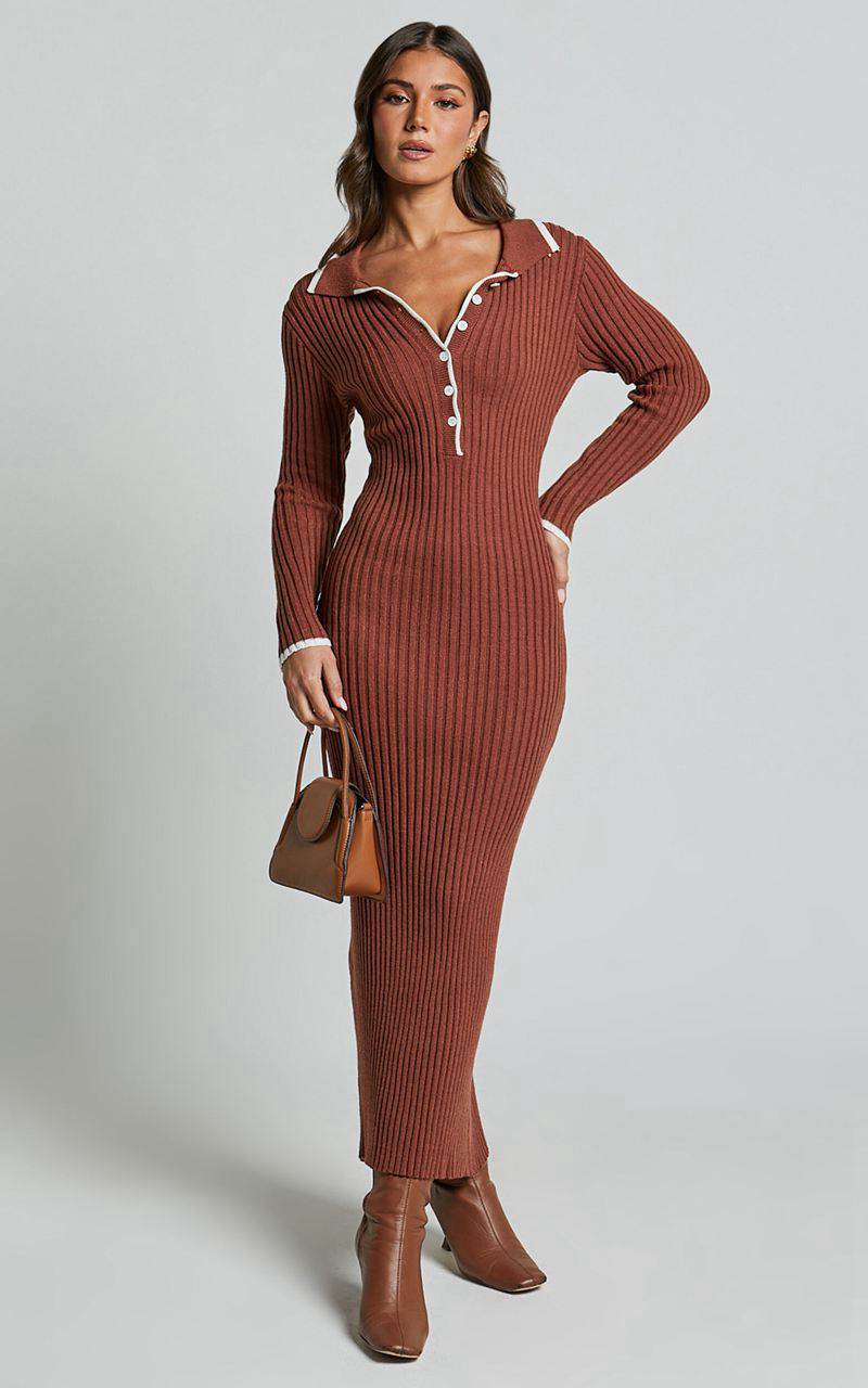 Showpo Becky Midi Dress - Button Front Contrast Knit Midi Dress Chocolate | JTNIUD693