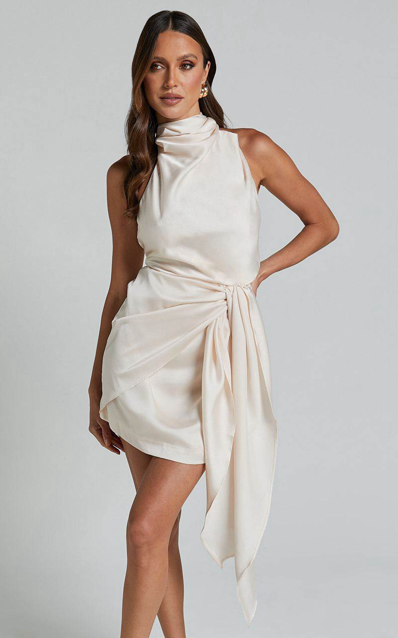 Showpo Behati Mini Dress - High Neck Wrap Oyster | OZWXDB941