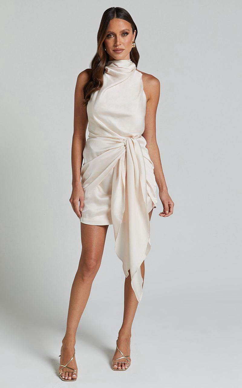 Showpo Behati Mini Dress - High Neck Wrap Oyster | OZWXDB941