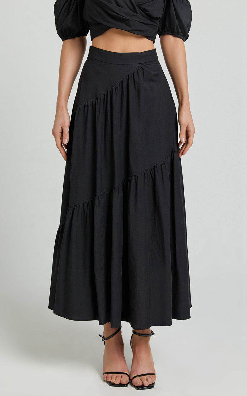 Showpo Bella Maxi Skirt - High Waist Tiered Maxi Skirt Black | DOHKTJ729