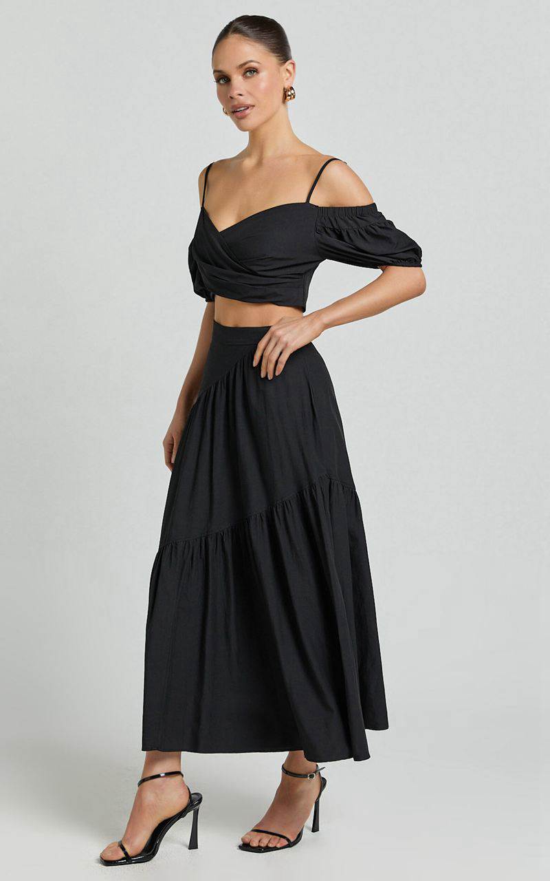 Showpo Bella Maxi Skirt - High Waist Tiered Maxi Skirt Black | DOHKTJ729