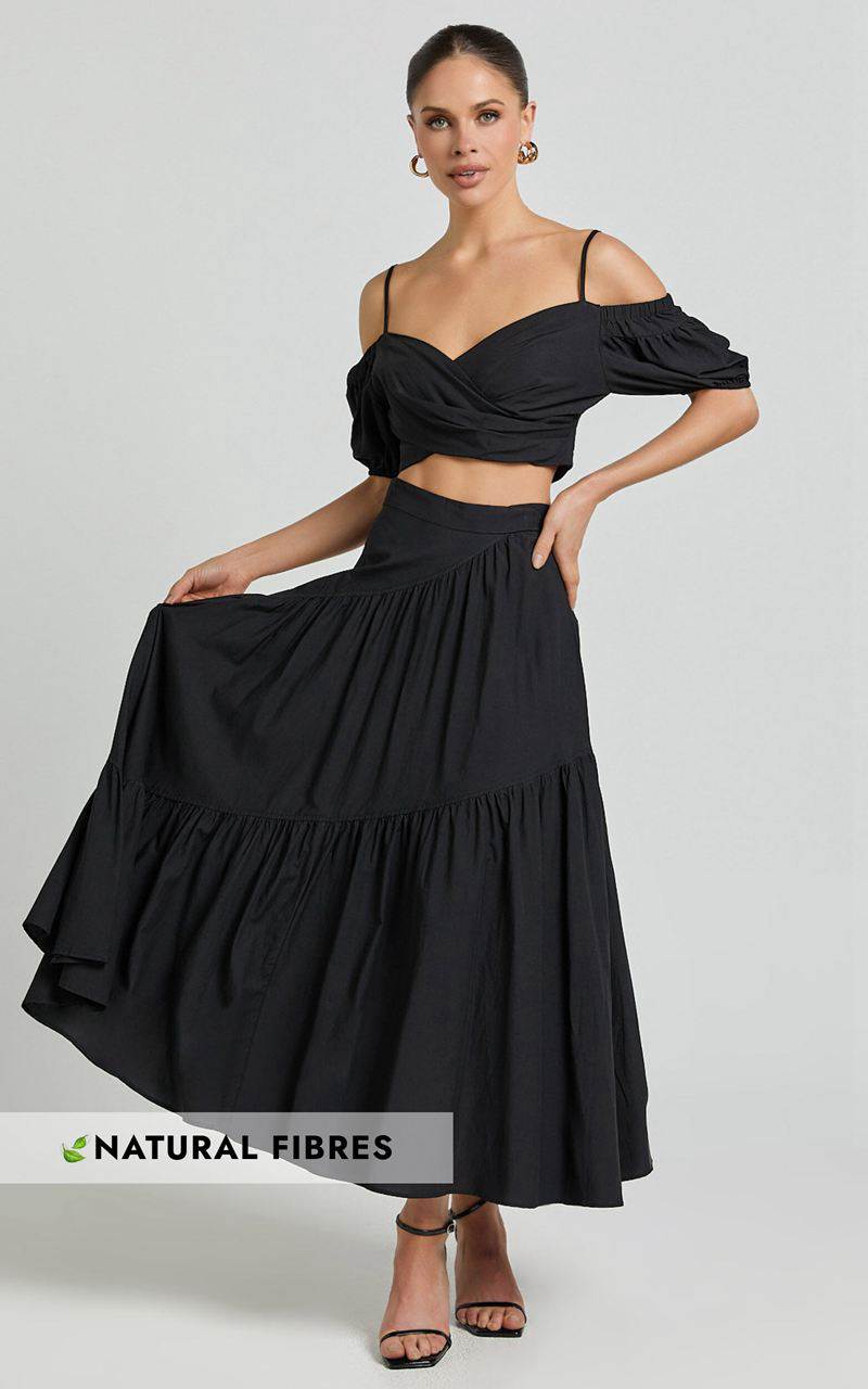 Showpo Bella Maxi Skirt - High Waist Tiered Maxi Skirt Black | DOHKTJ729