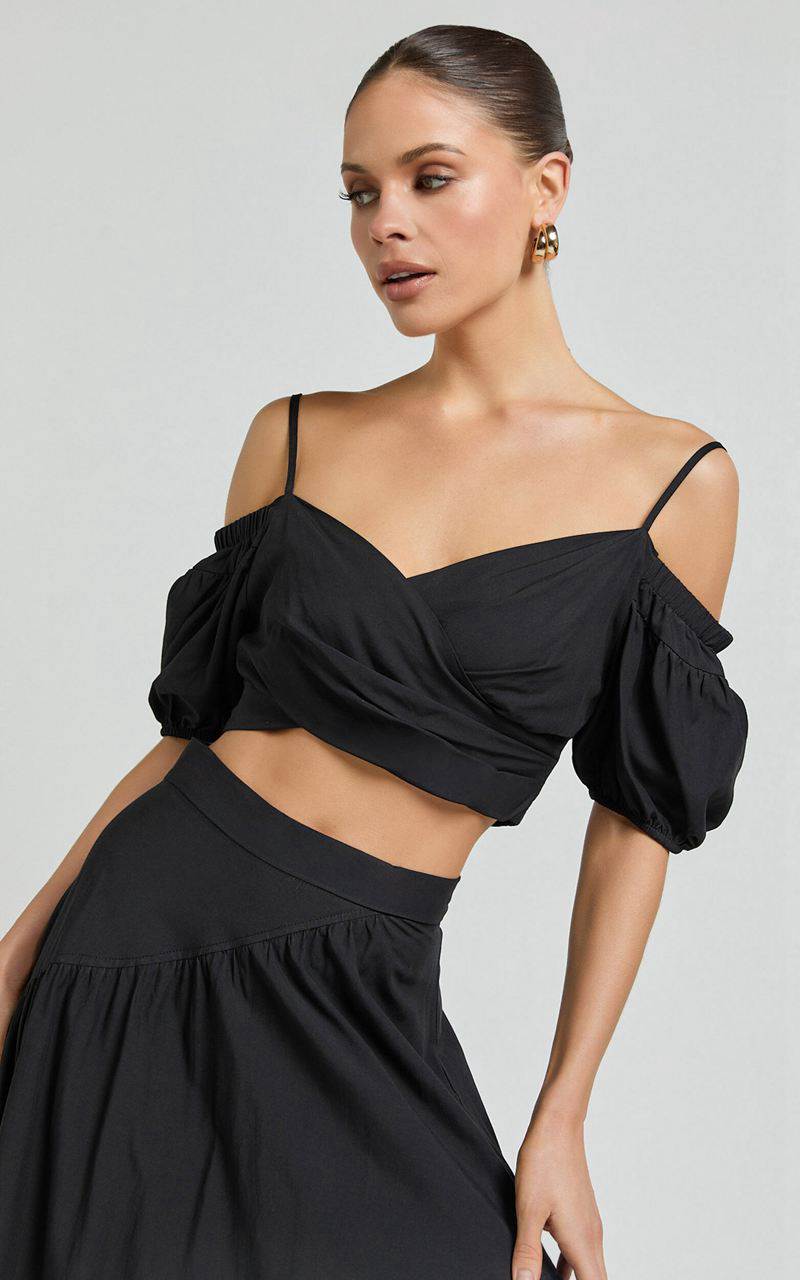 Showpo Bella Top - Off Shoulder Cross Over Puff Sleeve Crop Top Black | AQXLGV574