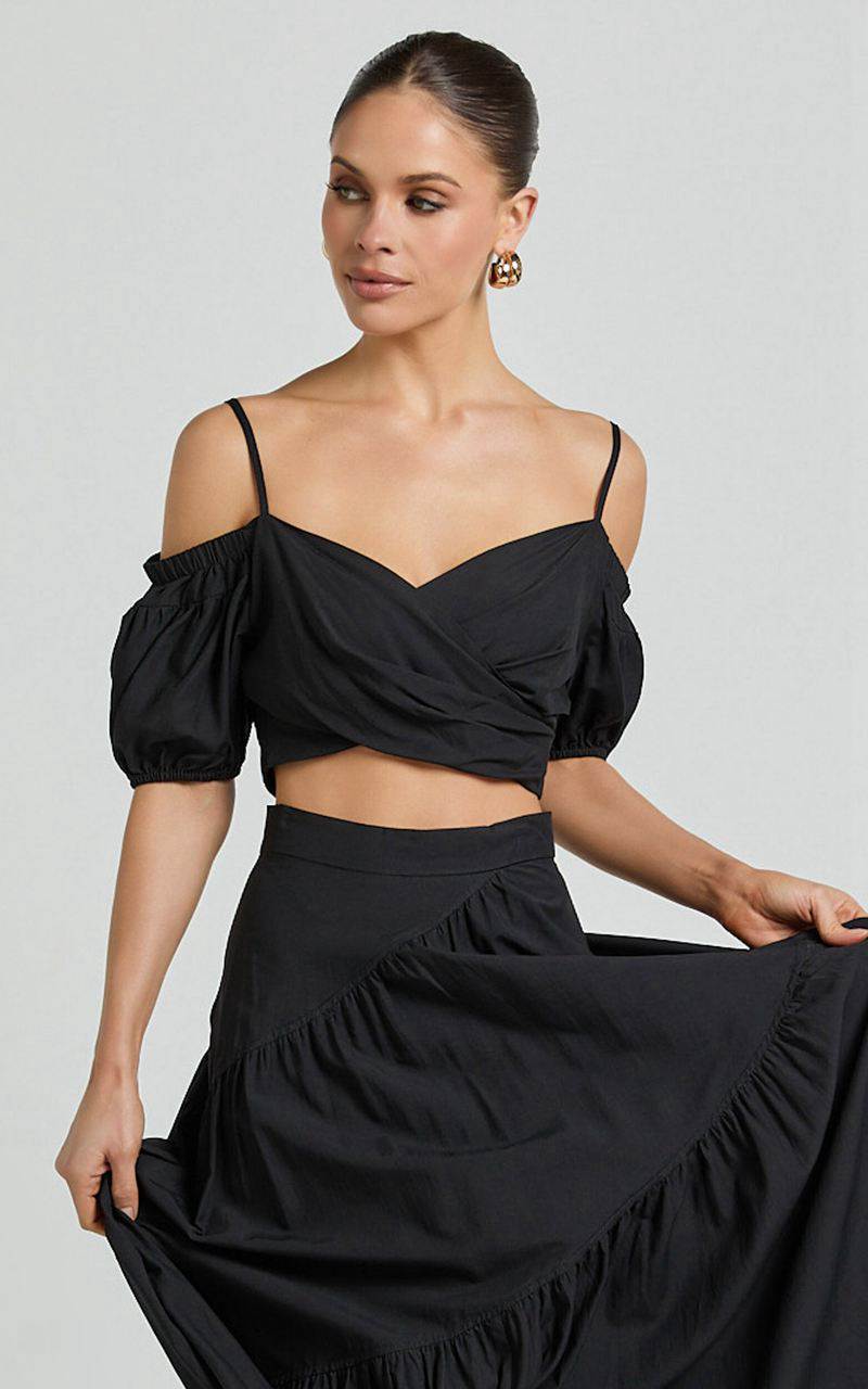 Showpo Bella Top - Off Shoulder Cross Over Puff Sleeve Crop Top Black | AQXLGV574