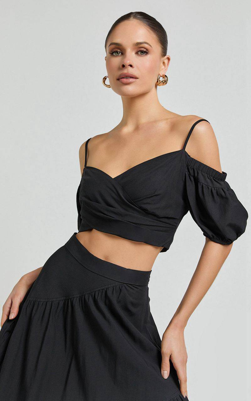 Showpo Bella Top - Off Shoulder Cross Over Puff Sleeve Crop Top Black | AQXLGV574